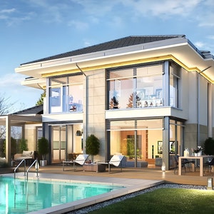 Elegant modern house design with a backyard pool, expansive windows, and a cozy patio. Includes architectural blueprints for a luxury home with Scandinavian influences.