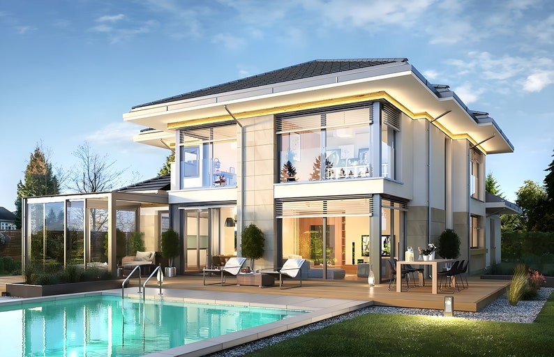 Elegant modern house design with a backyard pool, expansive windows, and a cozy patio. Includes architectural blueprints for a luxury home with Scandinavian influences.