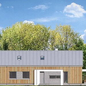 Side elevation of Scandinavian house: A side elevation of a Scandinavian-style house with a sloped roof and vertical wooden panels. Ideal for barndominium plans and small cabin plans.