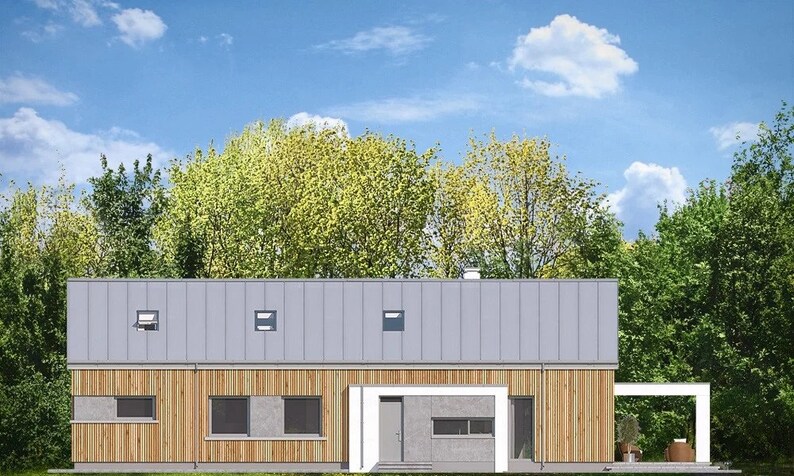 Side elevation of Scandinavian house: A side elevation of a Scandinavian-style house with a sloped roof and vertical wooden panels. Ideal for barndominium plans and small cabin plans.