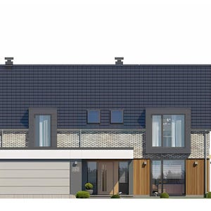 Pu&ograve; includere: Una casa a due piani con tetto in tegole grigio scuro, facciata in mattoni chiari e porta del garage bianca. L'esterno presenta pannelli in legno verticali, ampie vetrate, due abbaini e una porta d'ingresso centrale con un piccolo portico.