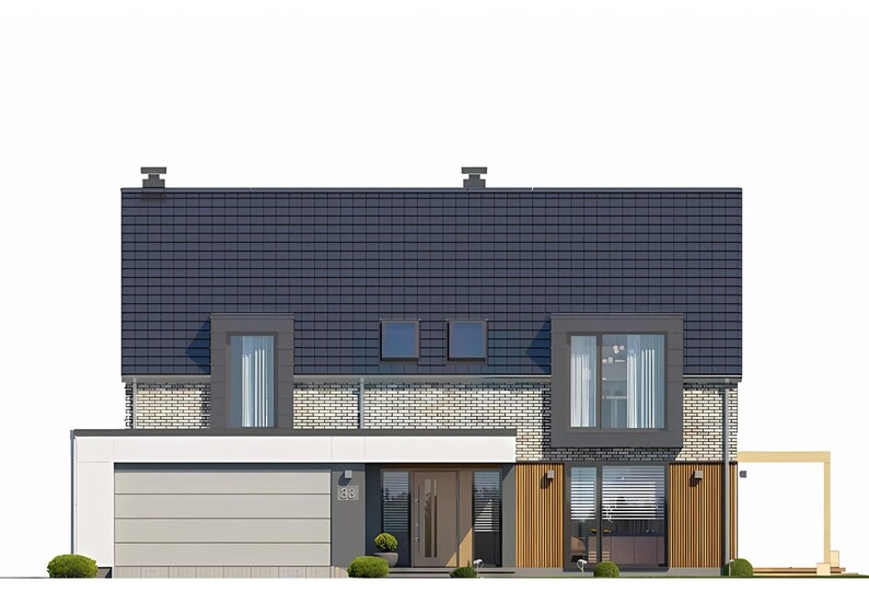 Pu&ograve; includere: Una casa a due piani con tetto in tegole grigio scuro, facciata in mattoni chiari e porta del garage bianca. L'esterno presenta pannelli in legno verticali, ampie vetrate, due abbaini e una porta d'ingresso centrale con un piccolo portico.