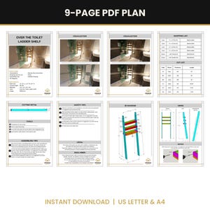 May include: A 9-page PDF plan for an over-the-toilet ladder shelf, featuring visualizations, a shopping list, a cut list, safety tips, 3D diagrams, and assembly instructions. The document includes text labels for US Letter and A4 formats.