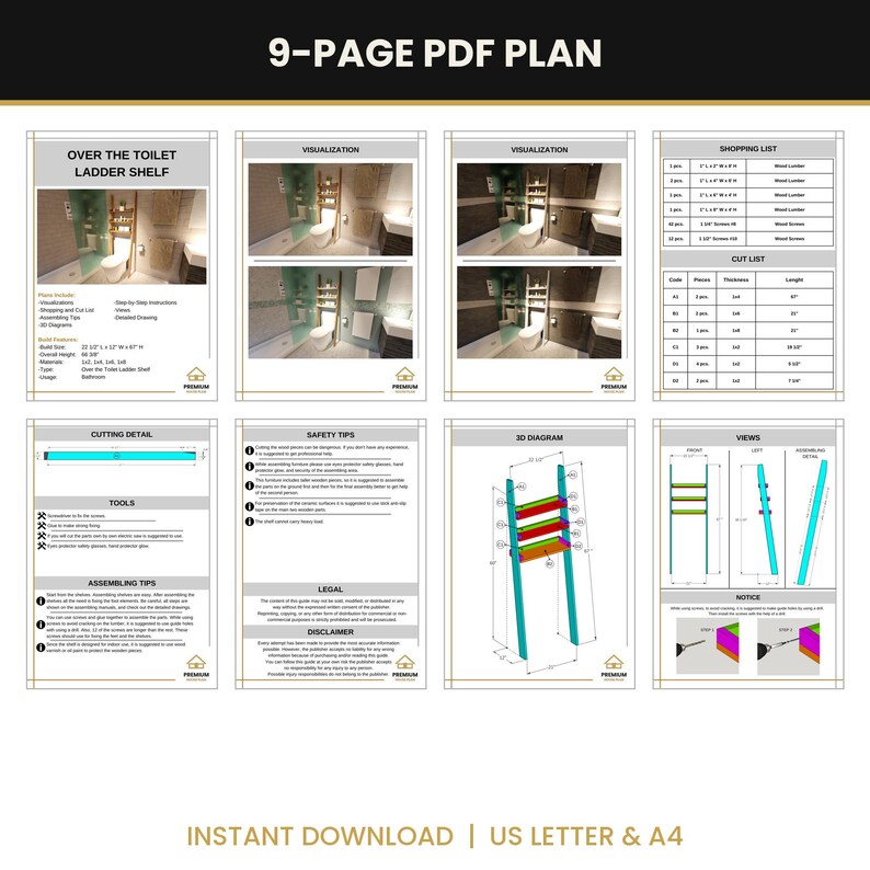 May include: A 9-page PDF plan for an over-the-toilet ladder shelf, featuring visualizations, a shopping list, a cut list, safety tips, 3D diagrams, and assembly instructions. The document includes text labels for US Letter and A4 formats.