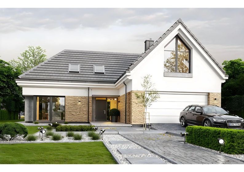 Scandinavian-style modern house with large windows and minimalist design, perfect for families seeking modern house plans.
