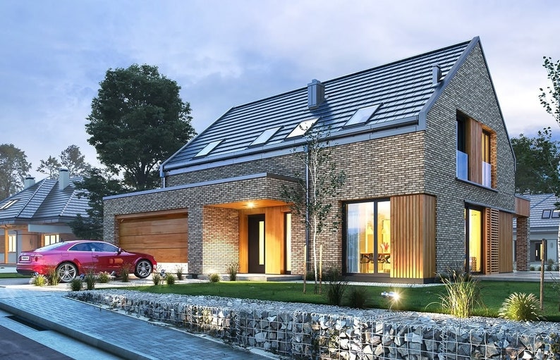A beautiful two-story modern house with Scandinavian design elements. This house plan includes detailed blueprints, ideal for small cabin or townhouse construction.