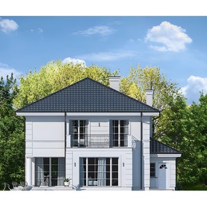 Rear view of a modern two-story house with a balcony, large windows, and a lush garden. Great for modern house plans and townhouse plan enthusiasts.