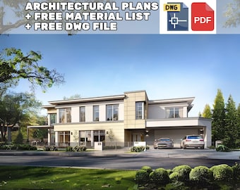 May include: A modern two-story house with a white and beige exterior. The house has a large garage door and a driveway. There are trees and bushes in the front yard. The text "ARCHITECTURAL PLANS + FREE MATERIAL LIST + FREE DWG FILE" is displayed at the top of the image. The text "DWG" and "PDF" are displayed in red boxes in the upper right corner of the image.