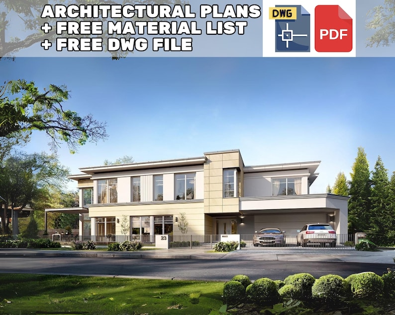 Modern villa-style house with a spacious two-story design, large windows, and lush greenery. Ideal for those seeking contemporary house plans or villa plans with open living spaces.
