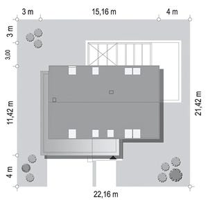 Top view of a house layout with detailed dimensions and landscaping. Ideal for house blueprint and outdoor design enthusiasts.