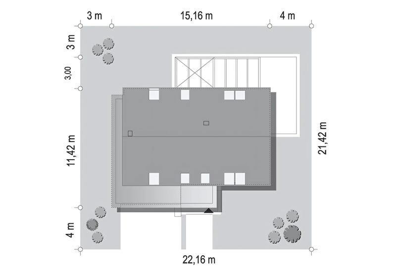 Top view of a house layout with detailed dimensions and landscaping. Ideal for house blueprint and outdoor design enthusiasts.