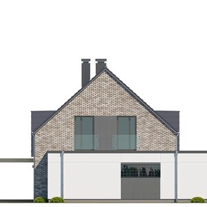 Pu&ograve; includere: Una casa a due piani con tetto a capanna, caratterizzata da un rivestimento in mattoni chiari al piano superiore e pareti bianche lisce al piano inferiore. La struttura comprende due camini scuri, un balcone con ringhiere in vetro e una porta del garage grigio scuro.
