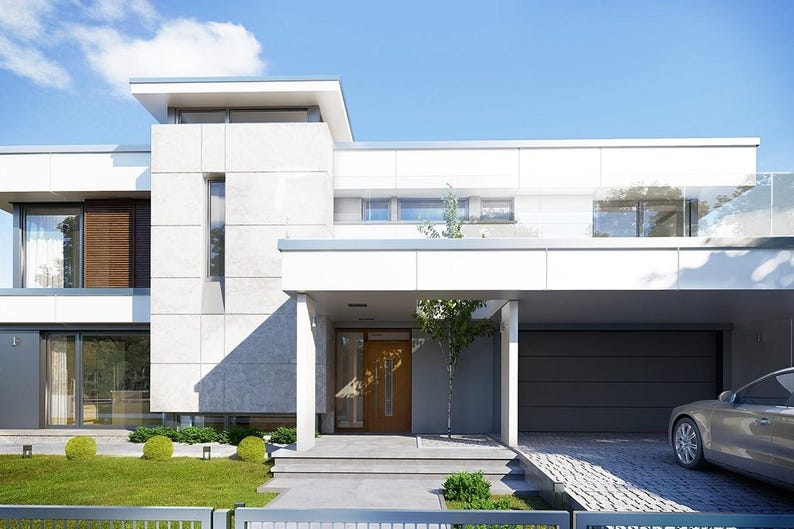 May include: Modern two-story house with a white exterior, featuring large windows, a garage, and a small tree in front. A gray car is parked in the driveway. The house has a minimalist design with a flat roof and a green lawn.