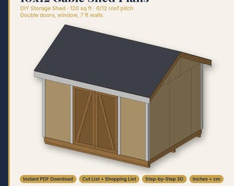 May include: 10x12 Gable Shed Plans for a DIY storage shed with 120 sq ft, 6/12 roof pitch, double doors, window, and 7 ft walls. Includes instant PDF download, cut list, shopping list, step-by-step 3D instructions in inches and cm.