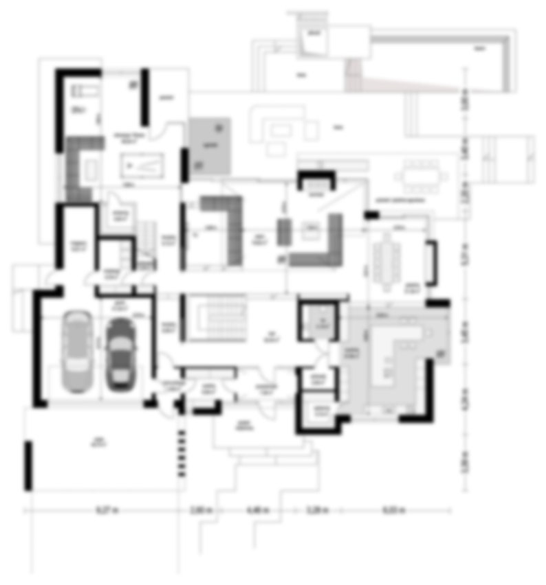 Ground floor plan of a contemporary home featuring spacious living areas, a garage, and a modern kitchen. Part of a premium blueprint set.