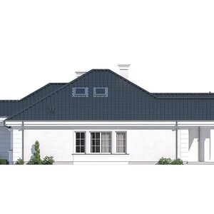 May include: A single-story house with white exterior walls and a dark gray metal roof. The structure features multiple rectangular windows, a glass sliding door, and a chimney. Small green shrubs are planted along the base of the building.