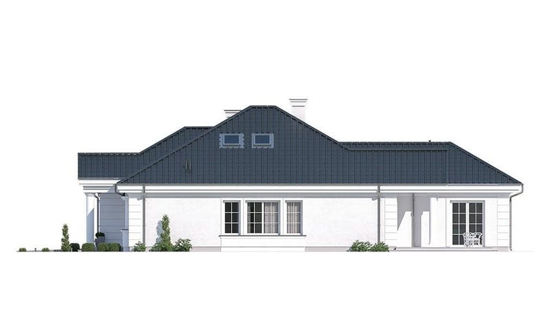 May include: A single-story house with white exterior walls and a dark gray metal roof. The structure features multiple rectangular windows, a glass sliding door, and a chimney. Small green shrubs are planted along the base of the building.