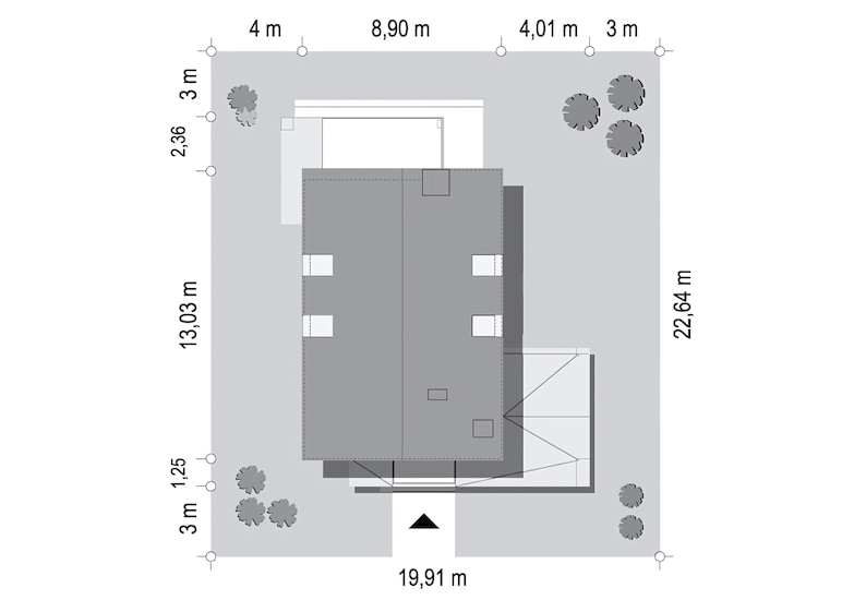 Top View House Layout with Dimensions – A detailed architectural site plan showing the layout, boundaries, and exterior spaces of a modern Scandinavian house. Ideal for house blueprint projects. #houseblueprint #townhouseplan #floorplans