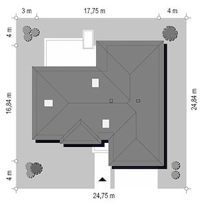 Top-view site plan of the house layout with dimensions and landscaping details, great for architectural and floor plans projects.