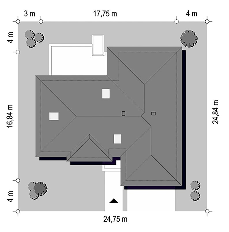 Top-view site plan of the house layout with dimensions and landscaping details, great for architectural and floor plans projects.