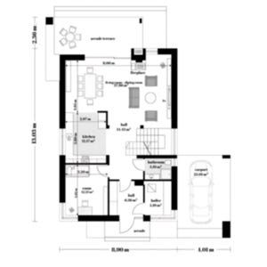 First Floor Plan of a Modern House – A well-structured architectural floor plan showcasing an open living space, kitchen, and attached carport. Available as a detailed house blueprint. #houseplans #shedplans #floorplans