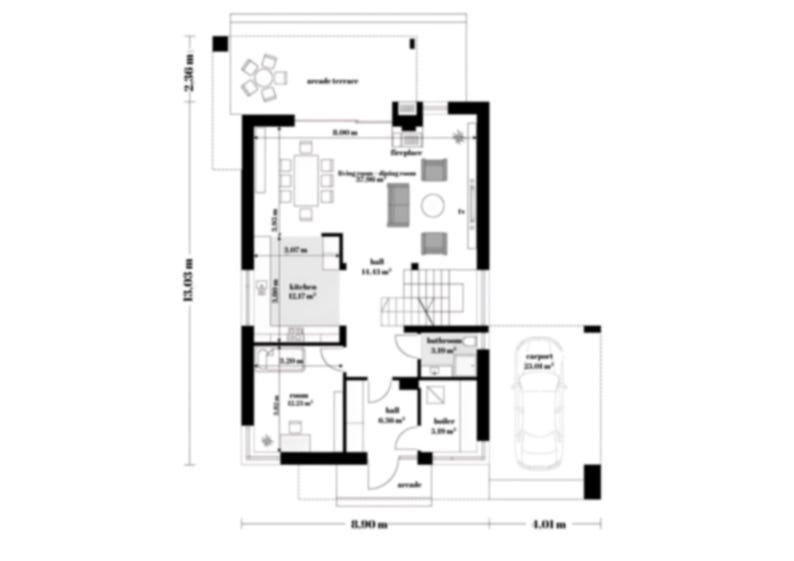 First Floor Plan of a Modern House – A well-structured architectural floor plan showcasing an open living space, kitchen, and attached carport. Available as a detailed house blueprint. #houseplans #shedplans #floorplans