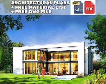 May include: A modern two-story house with large windows and a flat roof, set against a bright blue sky. The image includes the text "ARCHITECTURAL PLANS + FREE MATERIAL LIST + FREE DWG FILE". A couple walks on the green lawn.