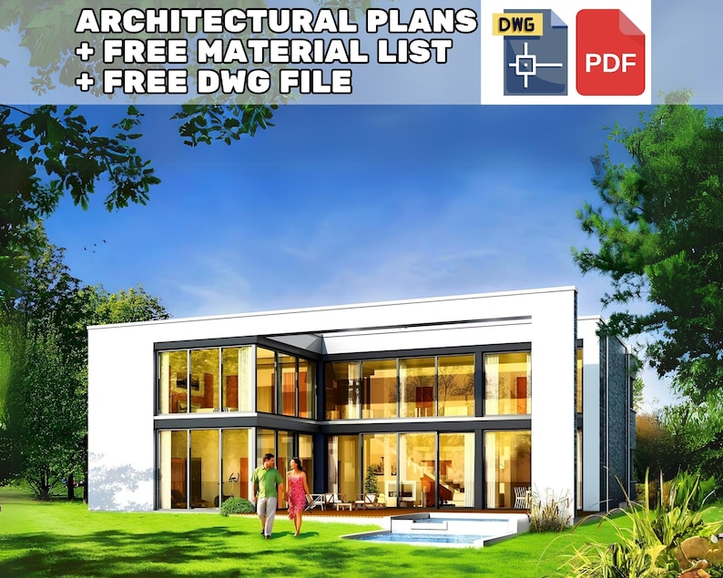 Modern two-story villa design with flat roof and large glass windows surrounded by greenery emphasizing natural light and open space ideal for modern house plans and villa plans