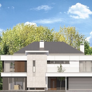 Front view of a contemporary house with a two-car garage and large windows. Ideal for modern house plans, architectural layouts, and detailed blueprints.