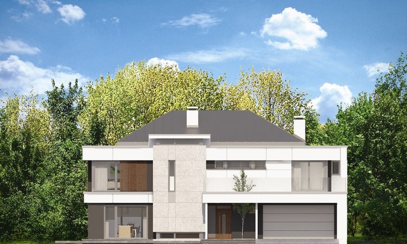 Front view of a contemporary house with a two-car garage and large windows. Ideal for modern house plans, architectural layouts, and detailed blueprints.