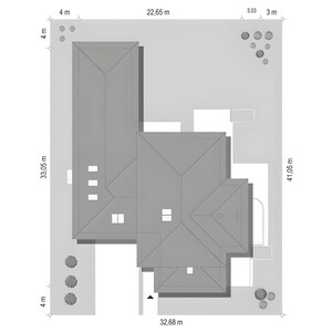 Top-down site plan showcasing roof design, building footprint, and surrounding landscape with precise dimensions. Ideal for modern house plans and detailed architectural layouts for construction and landscaping projects.