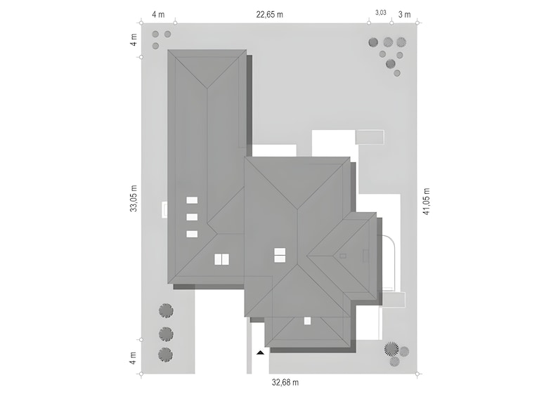 Top-down site plan showcasing roof design, building footprint, and surrounding landscape with precise dimensions. Ideal for modern house plans and detailed architectural layouts for construction and landscaping projects.