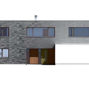 Front elevation drawing showcasing the facade and symmetrical layout highlighting minimalist architectural elements of a modern villa-style house plan