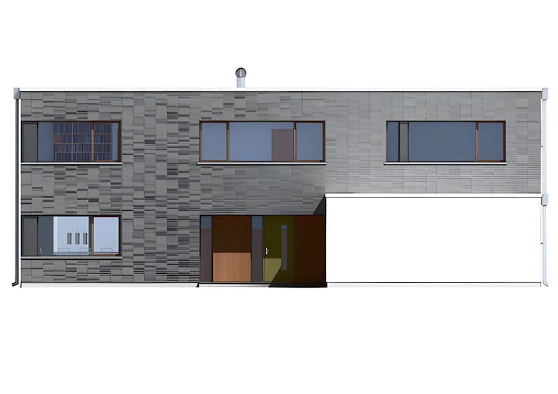 Front elevation drawing showcasing the facade and symmetrical layout highlighting minimalist architectural elements of a modern villa-style house plan
