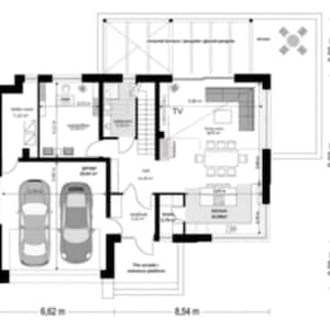 Floor plan showcasing a spacious living room, garage, and kitchen layout. Great for architectural plans or house blueprint inspiration.