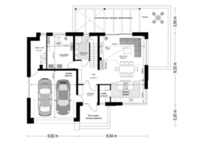 Floor plan showcasing a spacious living room, garage, and kitchen layout. Great for architectural plans or house blueprint inspiration.