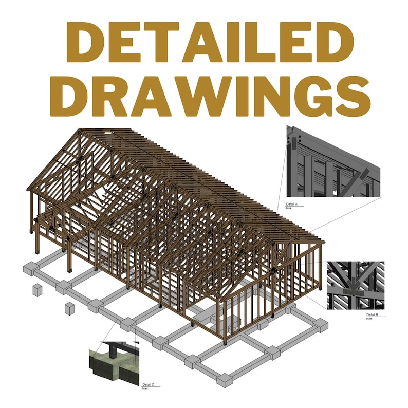 Detailed construction drawings for modern house plans, barndominium plans, and tiny home plans. Includes precise structural layouts, foundation details, and framing designs. Ideal for builders and DIY enthusiasts seeking professional blueprints.