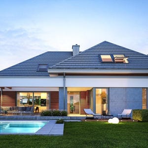 May include: A modern one-story house with a dark gray tiled roof, white exterior walls, and wood paneling accents. The home features a swimming pool, a covered patio with outdoor seating, and a lawn area with two lounge chairs.