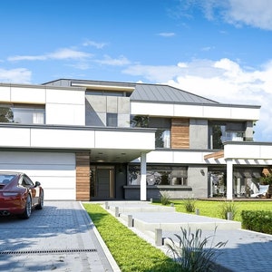 Backyard View of a Modern Scandinavian Home
"Rear view of a Scandinavian-inspired modern house showcasing a lush garden, patio seating area, and open spaces. Comes with detailed floor plans and architectural drawings."