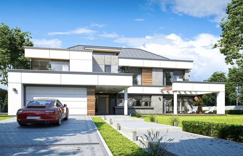 Backyard View of a Modern Scandinavian Home
"Rear view of a Scandinavian-inspired modern house showcasing a lush garden, patio seating area, and open spaces. Comes with detailed floor plans and architectural drawings."