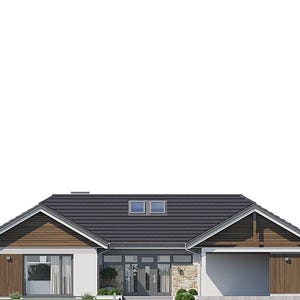 May include: A single-story house with a dark gray tiled roof, featuring two skylights, brown wood-paneled siding, white walls, and a stone-accented entryway. The structure includes a large glass door, a garage bay, and a modern architectural design.