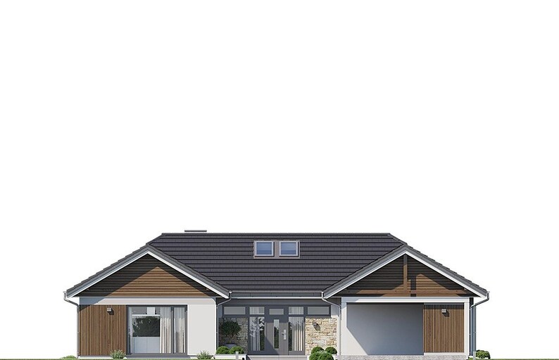 May include: A single-story house with a dark gray tiled roof, featuring two skylights, brown wood-paneled siding, white walls, and a stone-accented entryway. The structure includes a large glass door, a garage bay, and a modern architectural design.