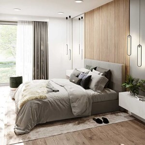 Cozy modern bedroom: A warm modern bedroom with minimalist furniture, neutral tones, and natural light. Great inspiration for townhouse plans or plan maison interiors.