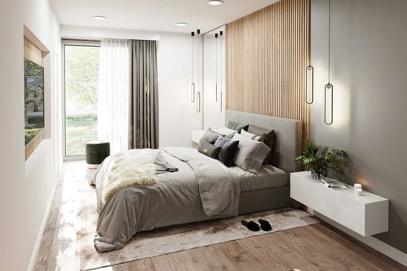 Cozy modern bedroom: A warm modern bedroom with minimalist furniture, neutral tones, and natural light. Great inspiration for townhouse plans or plan maison interiors.