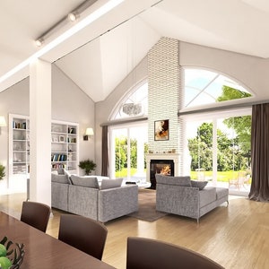 Cozy Scandinavian Living Room with Fireplace – An inviting living room featuring a fireplace, large windows, and modern Scandinavian decor. Great for Scandinavian house plans and tiny home plans.