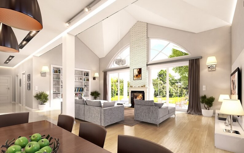 Cozy Scandinavian Living Room with Fireplace – An inviting living room featuring a fireplace, large windows, and modern Scandinavian decor. Great for Scandinavian house plans and tiny home plans.