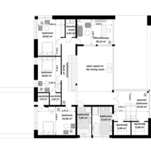 Upper floor plan showcasing multiple bedrooms, walk-in wardrobes, home office or library, and open space overlooking the living area. Ideal for modern house plans, villa layouts, and family-friendly designs.