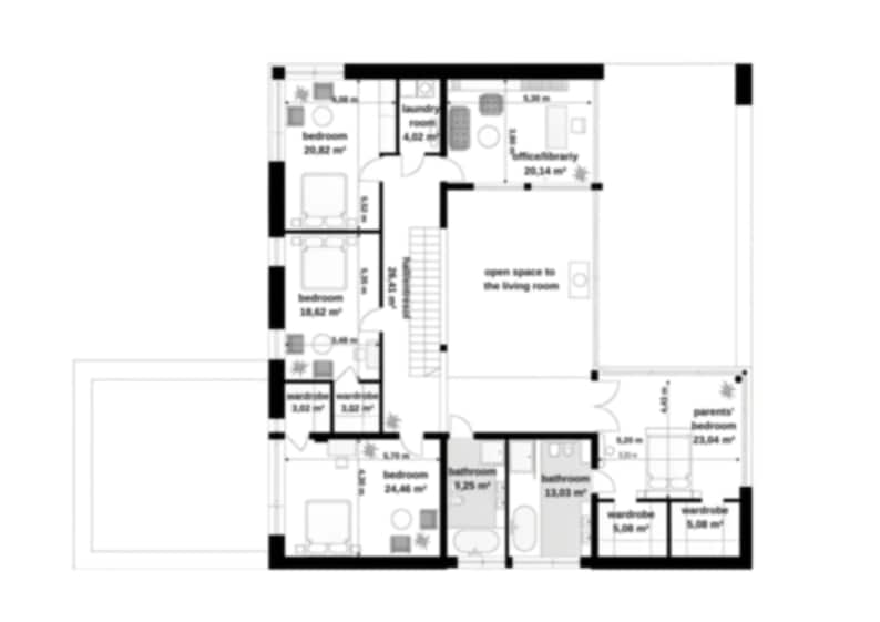 Upper floor plan showcasing multiple bedrooms, walk-in wardrobes, home office or library, and open space overlooking the living area. Ideal for modern house plans, villa layouts, and family-friendly designs.