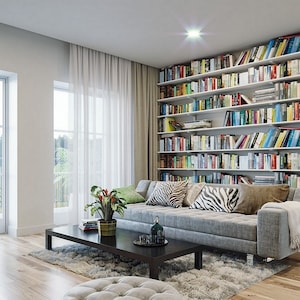 Bright and cozy reading room featuring a large bookshelf, comfortable sofa, and modern decor. Perfect for Scandinavian house plans and tiny home plans.