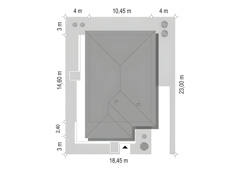 Detailed roof and garden layout view from above. This floor plan provides precise measurements for modern villa plans.